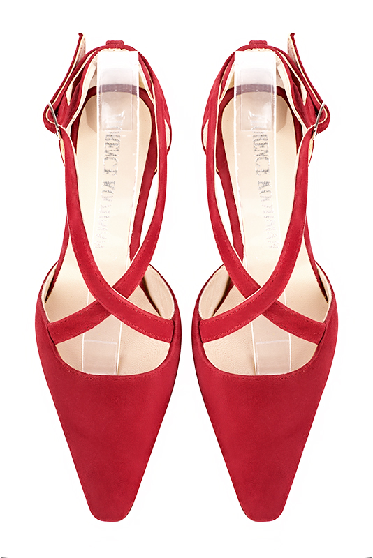 Cardinal red women's open side shoes, with crossed straps. Tapered toe. Low kitten heels. Top view - Florence KOOIJMAN